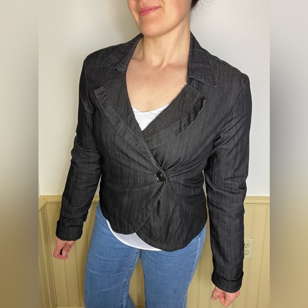 Industry PacSun Denim Jacket Gray Blazer Button Rouched Collar Women’s Large - Picture 2 of 9